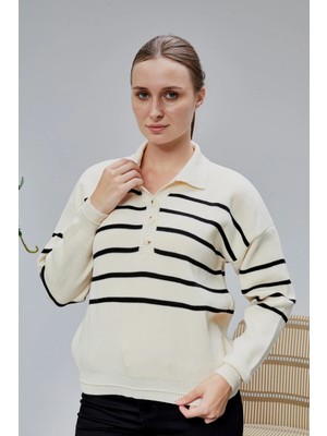 Lugmo Kadın Polo Yaka Oversize Çizgili 4 Düğmeli Triko Kazak Ten Rengi