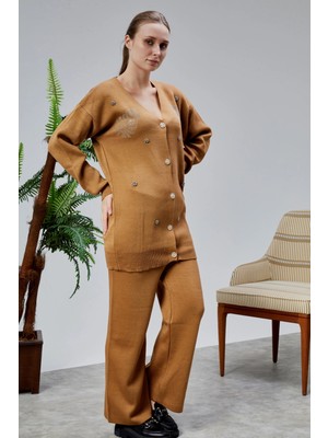 Lugmo Kadın Triko Takım Taşlı Standart Beden Vizon