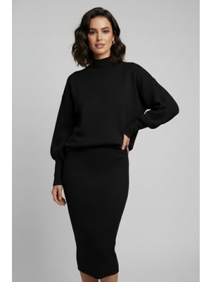 Ys Triko Siyah Kazak ve Fitilli Elbise Ikili Takım