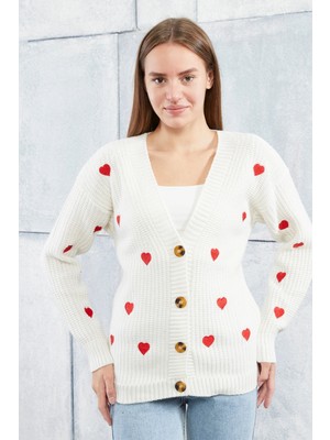 Lugmo Kadın Triko Hırka Kalpli Standart Beden Ekru