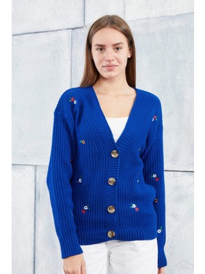 Lugmo Kadın Triko Hırka Çiçek Standart Beden Saks