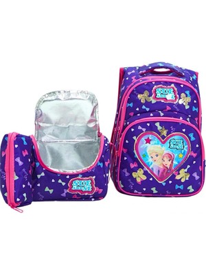 Lugmo 3 Lü Ortaokul Çanta Seti Ilkokul Çantası Komple Astarlı Kalpli Mor