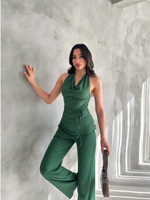 Ys Kadın Yeşil Degaje Yaka Bluz ve Pantolon Ikili Takım