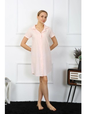 Çamaşır Kenti Kadın Pamuk Keten Kısa Kol Düğmeli Pudra Tunik Gecelik