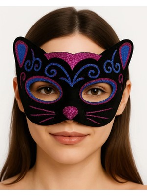 Siyah Kadife Kaplama Üzeri Pembe Mavi Sim Işlemeli Kedi Maskesi 20X13 cm