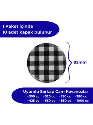 Sarkap Hijyenik Paketli 10 Adet Kavanoz Kapağı - Siyah Kuşak Ekose - 82mm