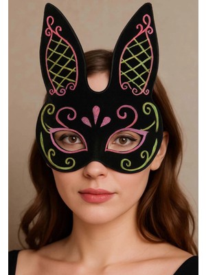 Siyah Renk Pembe Gold Simli Siyah Süet Kaplama Tavşan Maskesi 18X16 cm