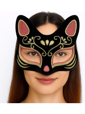 Siyah Renk Süet Kaplama Üzeri Kırmızı Sarı Simli Kedi Maskesi 17X14 cm