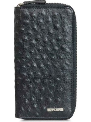 Guard Siyah Deve Kuşu Baskı Fermuarlı Portföy Cüzdan