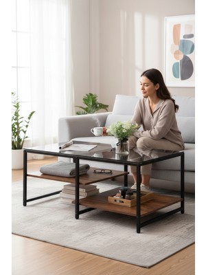 Tolia Home Modern Ceviz-Siyah Renk 3 Katlı Metal İskeletli Şeffaf Temper Camlı Dikdörtgen Orta Sehpa