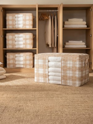 Nacarev 4 Adet Mega Boy Pencereli Kare Desenli Ekose Bej Yastık Yorgan Düzenleyici Hurç Seti 90X50X50 cm