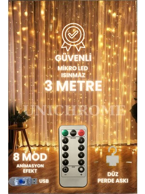 300 Ledli Sarkıt Perde Işık, 8 Fonksiyon, Kumandalı, 3x3 Mt, Yılbaşı Dekoru