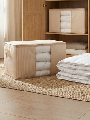 Nacarev 2 Adet Büyük Boy Pencereli Çizgi Desen Baskılı Krem Yastık Yorgan Düzenleyici Hurç Seti 75x40x40 cm