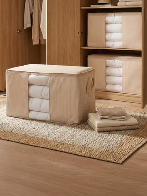 Nacarev 3 Adet Büyük Boy Pencereli Çizgi Desen Baskılı Krem Yastık Yorgan Düzenleyici Hurç Seti 75x40x40 Cm