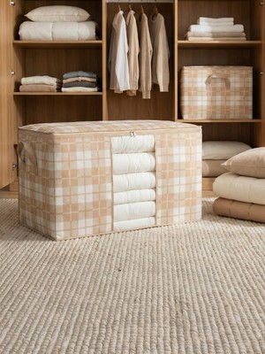 Nacarev Büyük Boy Pencereli Kare Desenli Ekose Bej Yastık Yorgan Düzenleyici Hurç 75X40X40 cm