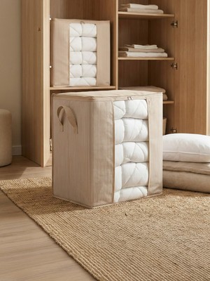 Nacarev 2 Adet Pencereli Çizgi Desen Baskılı Krem Yastık Yorgan Kıyafet Düzenleyici Hurç Seti 45X30X50 cm