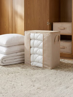 Nacarev Pencereli Çizgi Desen Baskılı Krem Yastık Pike Battaniye Düzenleyici Hurç 45X30X50 cm