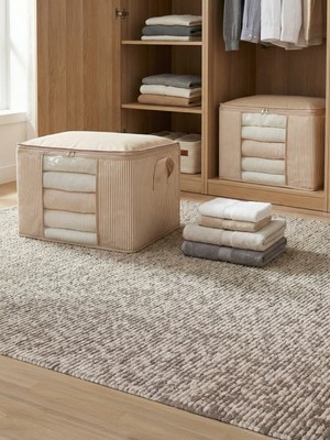 Nacarev 2 Adet Orta Boy Pencereli Çizgi Desen Baskılı Krem Dolap içi Kıyafet Düzenleyici Hurç Seti 45X40X30 cm