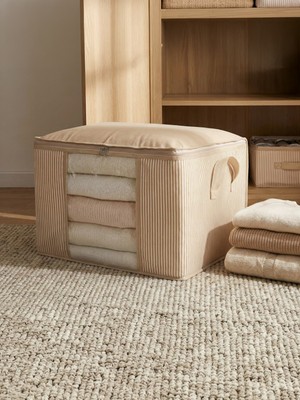 Nacarev Orta Boy Pencereli Çizgi Desen Baskılı Krem Dolap içi Kıyafet Düzenleyici Hurç 45X40X30 cm