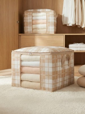 Nacarev 2 Adet Orta Boy Pencereli Kare Desenli Ekose Bej Kazak Pike Battaniye Düzenleyici Hurç Seti 45X40X30 cm