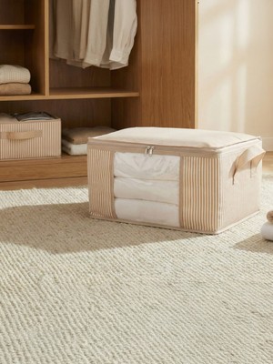 Nacarev Küçük Boy Pencereli Çizgi Desen Baskılı Krem Dolap Içi Baza Altı Valiz Içi Düzenleyici Hurç 40X30X20 cm