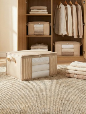 Nacarev 3 Adet Küçük Boy Pencereli Kare Desenli Ekose Krem Dolap Içi Baza Altı Valiz Içi Düzenleyici Hurç Seti 40X30X20 cm