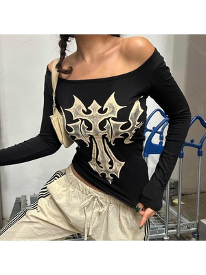 İsra Ayyıldız Moonstar Collection Siyah Gotik Cross Omuz Açık Uzun Kollu Crop Bluz