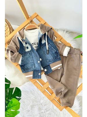 Miniğimin Cicileri 87 Armalı Kot Detaylı Kapüşonlu Erkek Bebek Takım - Vizon