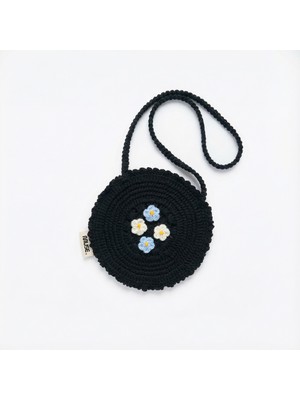 Rug Muse El Örgüsü Kız Çocuk Omuz Çantası - Midnight Blue - Çiçekli Yuvarlak - Siyah
