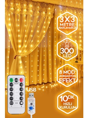 Özbience 300 Ledli Sarı Perde Işık, Kumandalı 8 Mod, Dekoratif Mutfak Aydınlatması