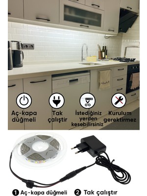 Özbience Beyaz Şerit LED Işık, Tezgah Üstü, 5 Metre, Aç-Kapa Düğmeli