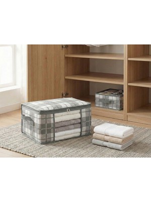 Nacarev Küçük Boy Pencereli Kare Desenli Ekose Gri Dolap Içi Baza Altı Valiz Içi Düzenleyici Hurç 40X30X20 cm