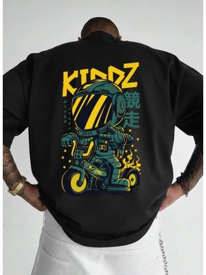 Afri Kıddz Hyper Stars Astronot Baskılı Oversize T-Shirt - %100 Pamuk Süprem - Siyah Oversizetişört
