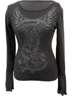 İsra Ayyıldız Moonstar Collection Füme Gri Rose Angel Baskılı Y2K Uzun Kollu Bluz
