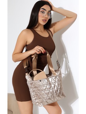 Moda Lime Bakır Kapitone Büyük Omuz Çapraz Askılı Kadın Paraşüt Kumaş Çanta