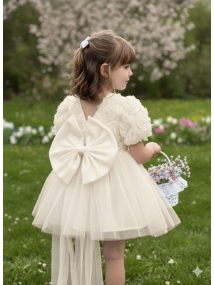 Kız Çocuk Elbise Balon Kısa Kol Detay Lı Kuyruklu Fiyonk Party Doğum Günü Elbise