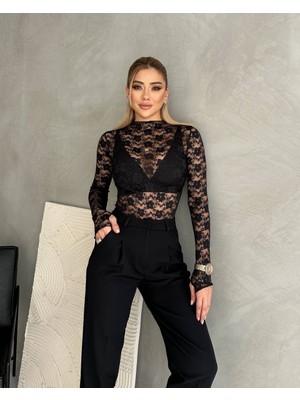 Rengamoda Kadın Uzun Kollu Transparan Çıtçıtlı Bodysuit Bluz