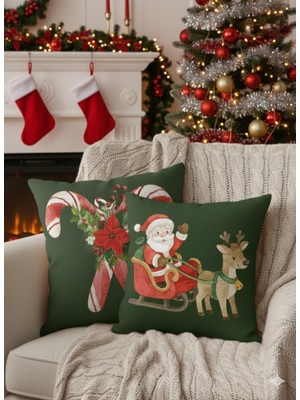 Dörtel Tedarik Çift Taraflı Dijital Baskı Fermuarlı Noel Baba Geyiği 2'li Yastık Kılıfı, Kırlent Kılıfı 43x43 cm
