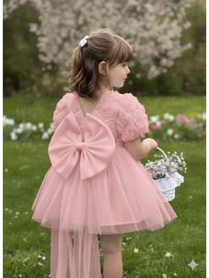 Kız Çocuk Elbise Balon Kısa Kol Detay Lı Kuyruklu Fiyonk Party Doğum Günü Elbise