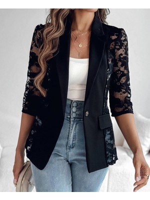 Rengamoda Kadın Dantelli Truvakar Kol Düğmeli Cepli Atlas Kumaş Ceket