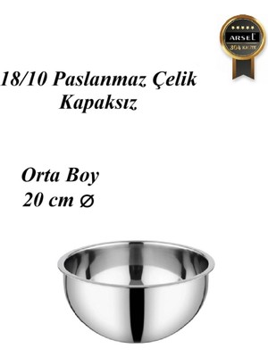 Arsel 304 Paslanmaz Çelik Sade Çırpma & Karıştırma Kasesi – 18/10, Derin, Kapaksız 20 cm Orta Boy