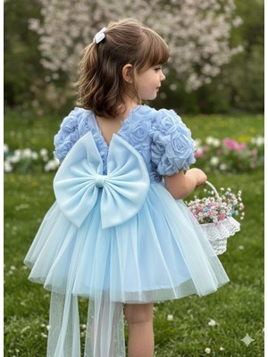 Kız Çocuk Elbise Balon Kısa Kol Detay Lı Kuyruklu Fiyonk Party Doğum Günü Elbise