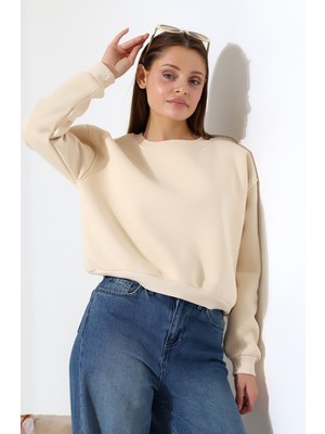 Endies Şardonlu Oversize Bisiklet Yaka Geniş Kalıp Sweatshirt 21614 Taş