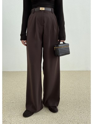 Moda Aksa Dökümlü Krep Palazzo Koyu Acı Kahve
