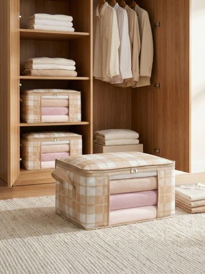 Nacarev 3 Adet Küçük Boy Pencereli Kare Desenli Ekose Bej Dolap Içi Baza Altı Valiz Içi Düzenleyici Hurç Seti 40X30X20 cm