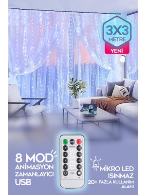 Özbience Beyaz LED Perde 3X3M, Kumandalı, 8 Mod, Ambiyans ve Boy Ayarlı, Mikro Işık