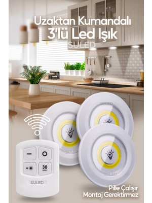 Özbience Pilli Uzaktan Kumandalı 3'lü Yapışkanlı Spot LED Işık Seti