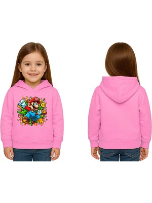Sedirli Unisex Super Marıo Baskılı Çocuk Swaetshirt Kapşonlu 3 Iplik Şardonlu