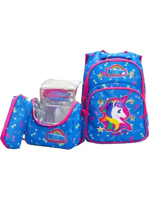Lugmo 3 Lü Ortaokul Çanta Seti Ilkokul Çantası Komple Astarlı Unicorn Mavi