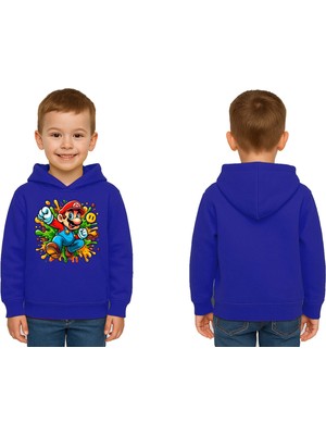 Sedirli Unisex Super Marıo Baskılı Çocuk Swaetshirt Kapşonlu 3 Iplik Şardonlu